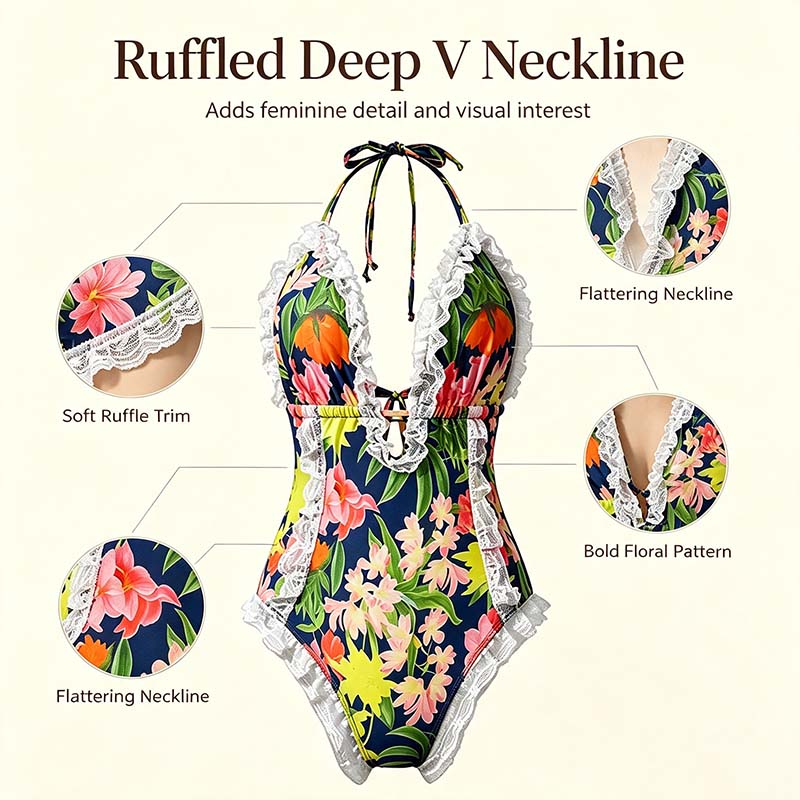 Women's One Piece Halter V-neck Printing Lace Adjustable Back Straps Sexy Swimsuit π