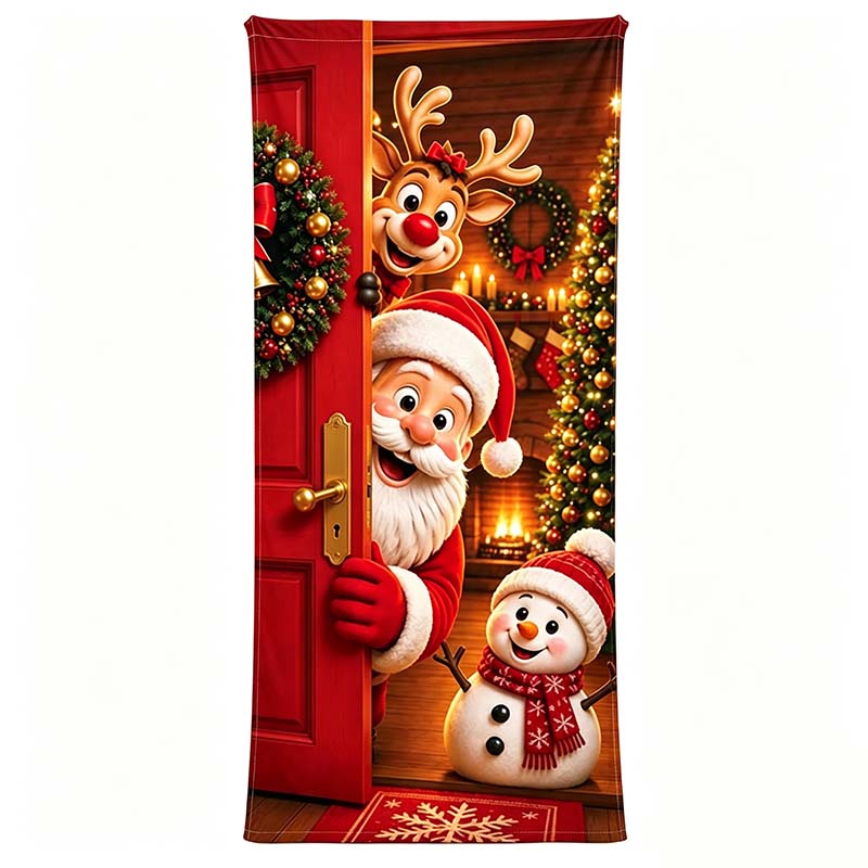 Christmas Door Cover - Stretch Fit Santa & Reindeer Door Decoration with 4-Side Elastic Edges๐