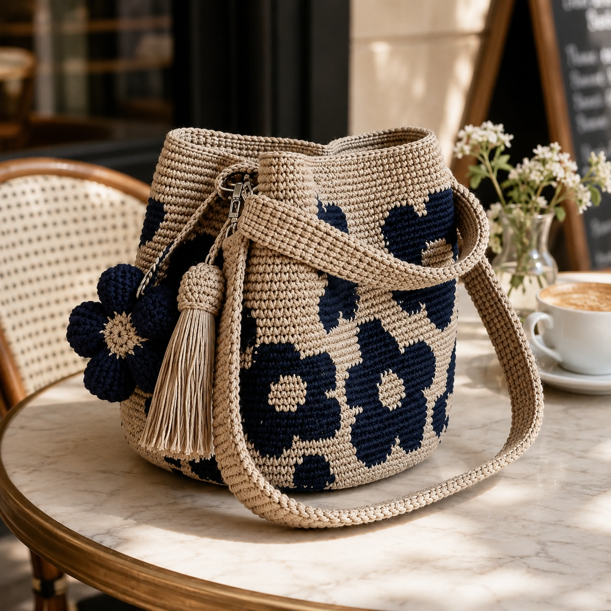 Handwoven Flower Bucket Bag, Boho Lightweight Crossbody Crochet Shoulder Bag๐