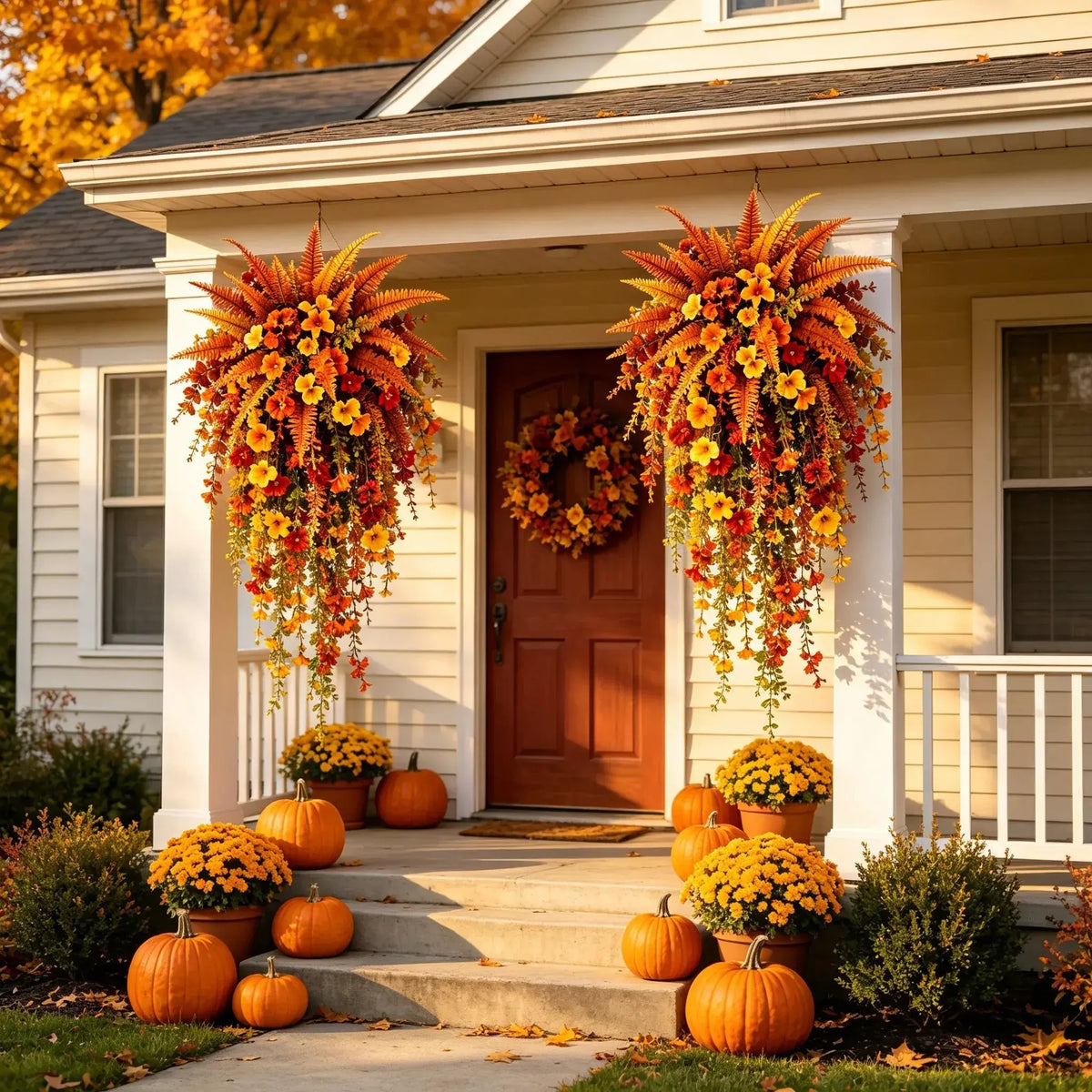 UV-resistant artificial Boston fern plant, realistic large outdoor hanging autumn faux plant🍂