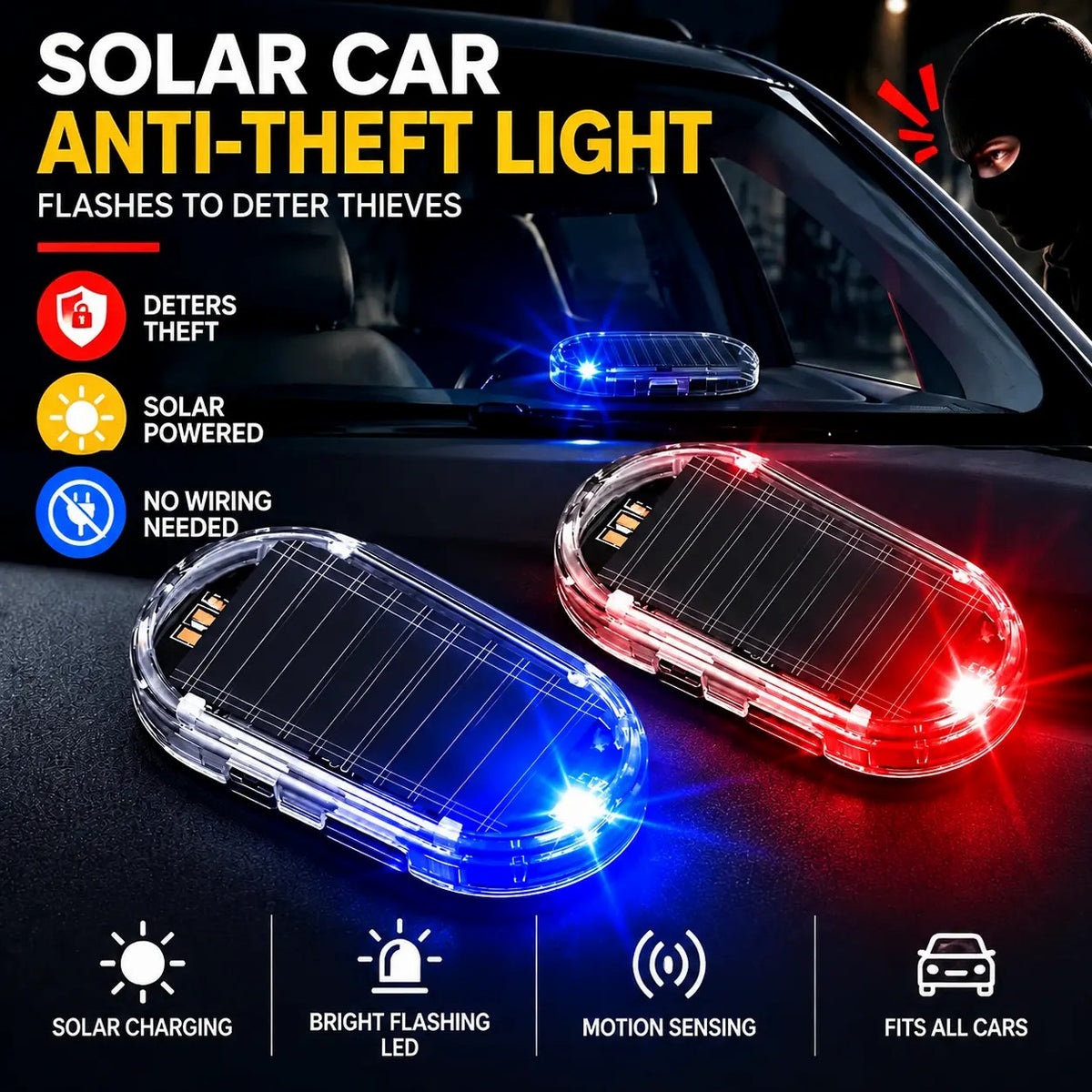 2PCS Solar Powered Fake Car Alarm Light, Auto Light Sensor LED Simulated Security Warning Light🚨
