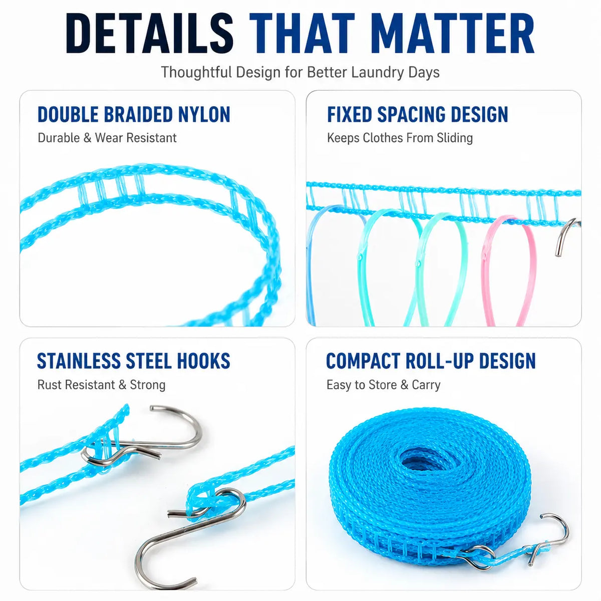 3 Roll Portable Clothesline – 196.85 Inch Adjustable Laundry Line, Windproof & Non-Slip, Easy Setup🌀