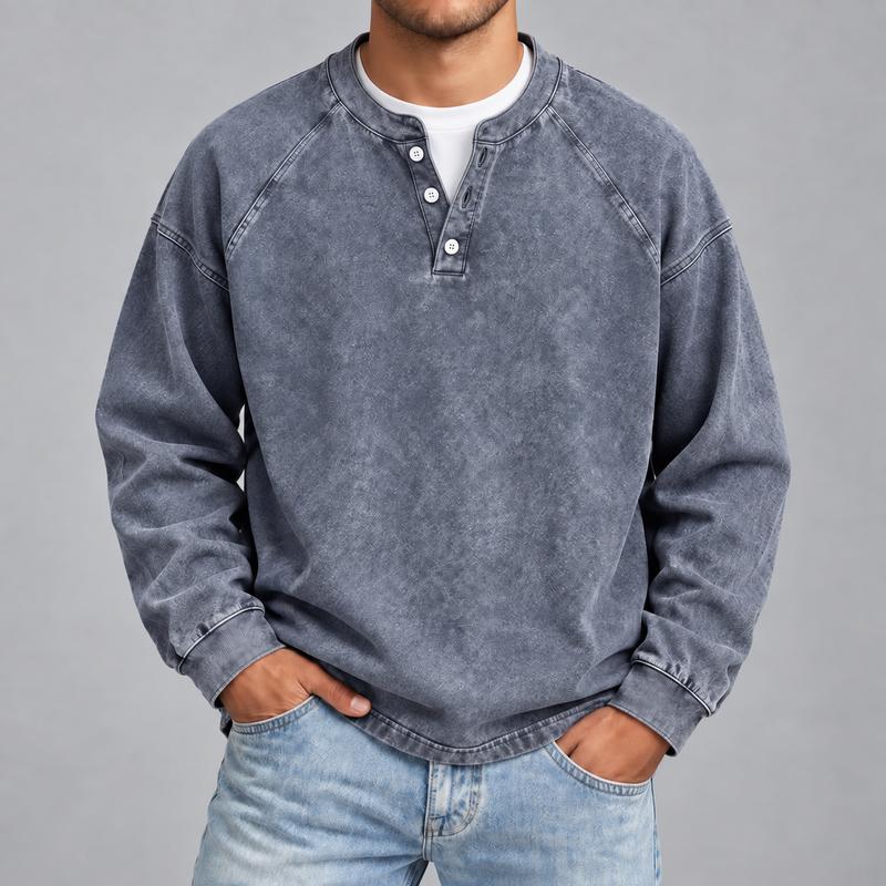 Men's Vintage Washed 3-Button Henley Long Sleeve Plain Pullover 👔