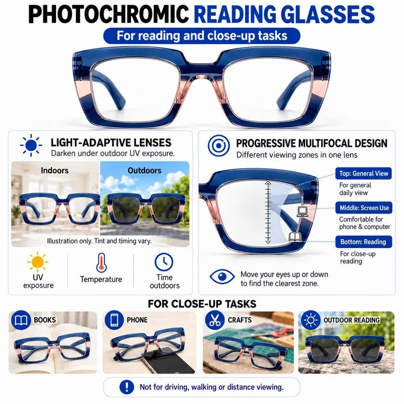 Unisex Progressive Multifocal Photochromic Reading Eyeglasses, UV-Protective Photochromic Lenses 👓