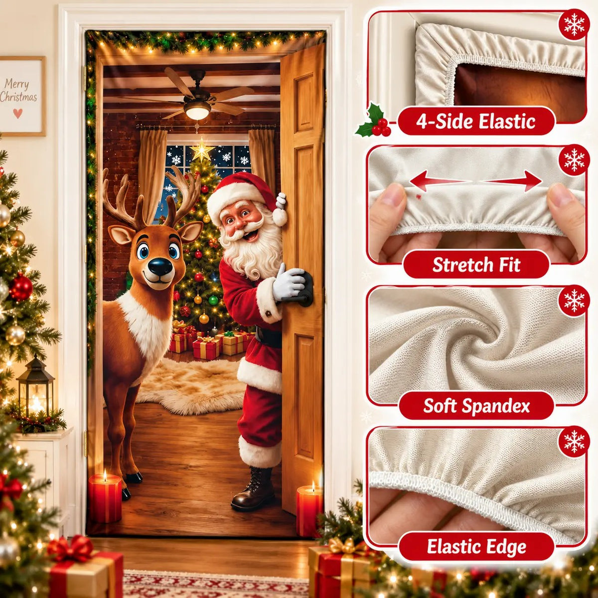 Christmas Door Cover - Stretch Fit Santa & Reindeer Door Decoration with 4-Side Elastic Edges🎅
