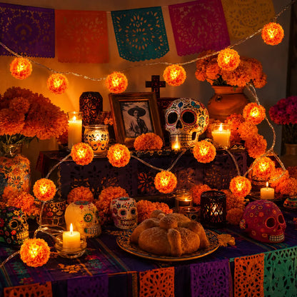 3M Mexican Marigold LED String Lights, 20 Flashing Orange Cempasuchil Style Garland, Battery-Powered🌼✨