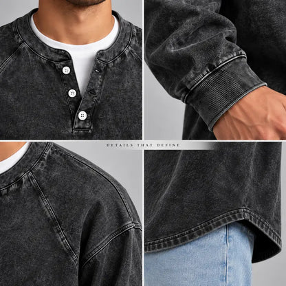 Men's Vintage Washed 3-Button Henley Long Sleeve Plain Pullover 👔