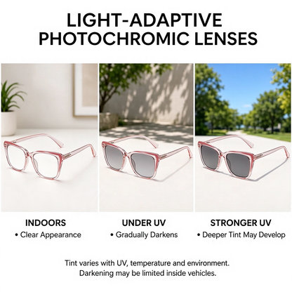 Progressive Photochromic Readers for Women, Pink Square Multifocal Reading Glasses 👓