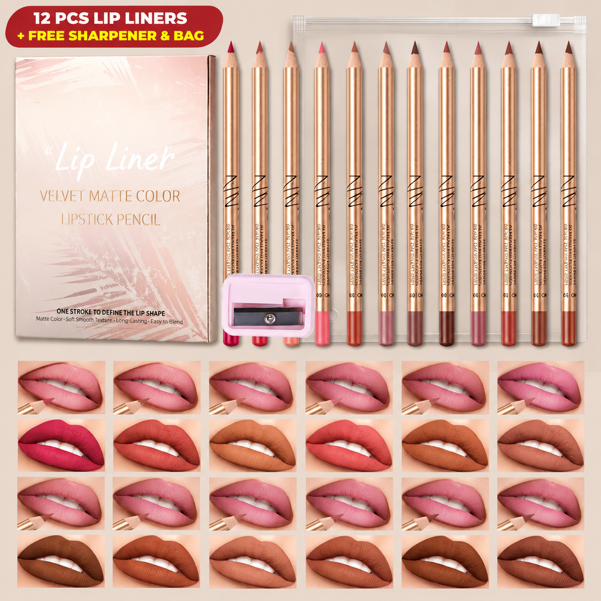 12 Pcs Matte Lip Liner Set with Sharpener, Blendable Lip Pencil💋