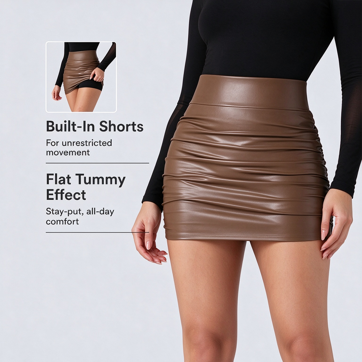 High Waisted Tummy Control Ruched Curved Hem 2-in-1 Fleece PU Mini Bodycon Skirt💃