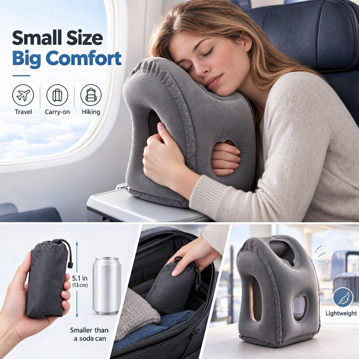 Compact inflatable travel pillow packed into small pouch