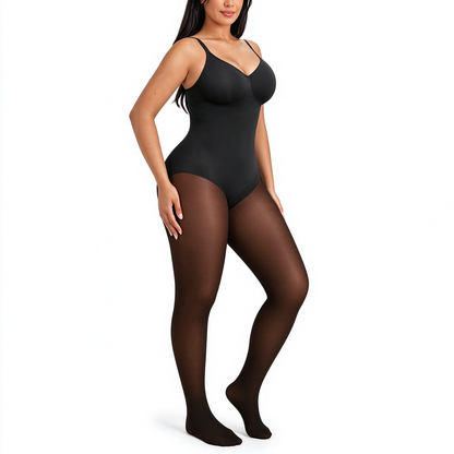Women's Sheer-Panel Fleece-Lined Tights Bodysuit - Tummy Control 🖤