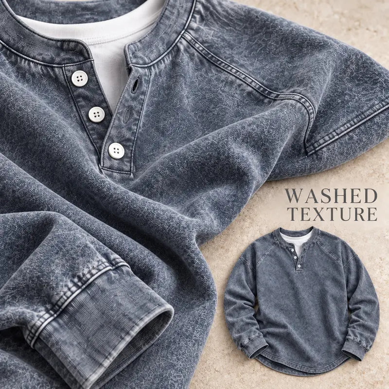 Men's Vintage Washed 3-Button Henley Long Sleeve Plain Pullover 👔