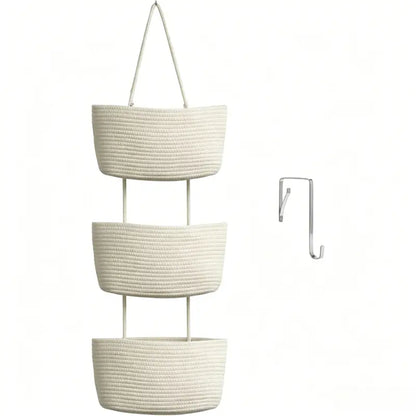 Woven cotton 3-Tier Over the Door Basket, Wall-Mounted Jute Bathroom Storage Organizer 🧺
