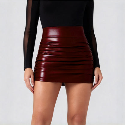 High Waisted Tummy Control Ruched Curved Hem 2-in-1 Fleece PU Mini Bodycon Skirt💃
