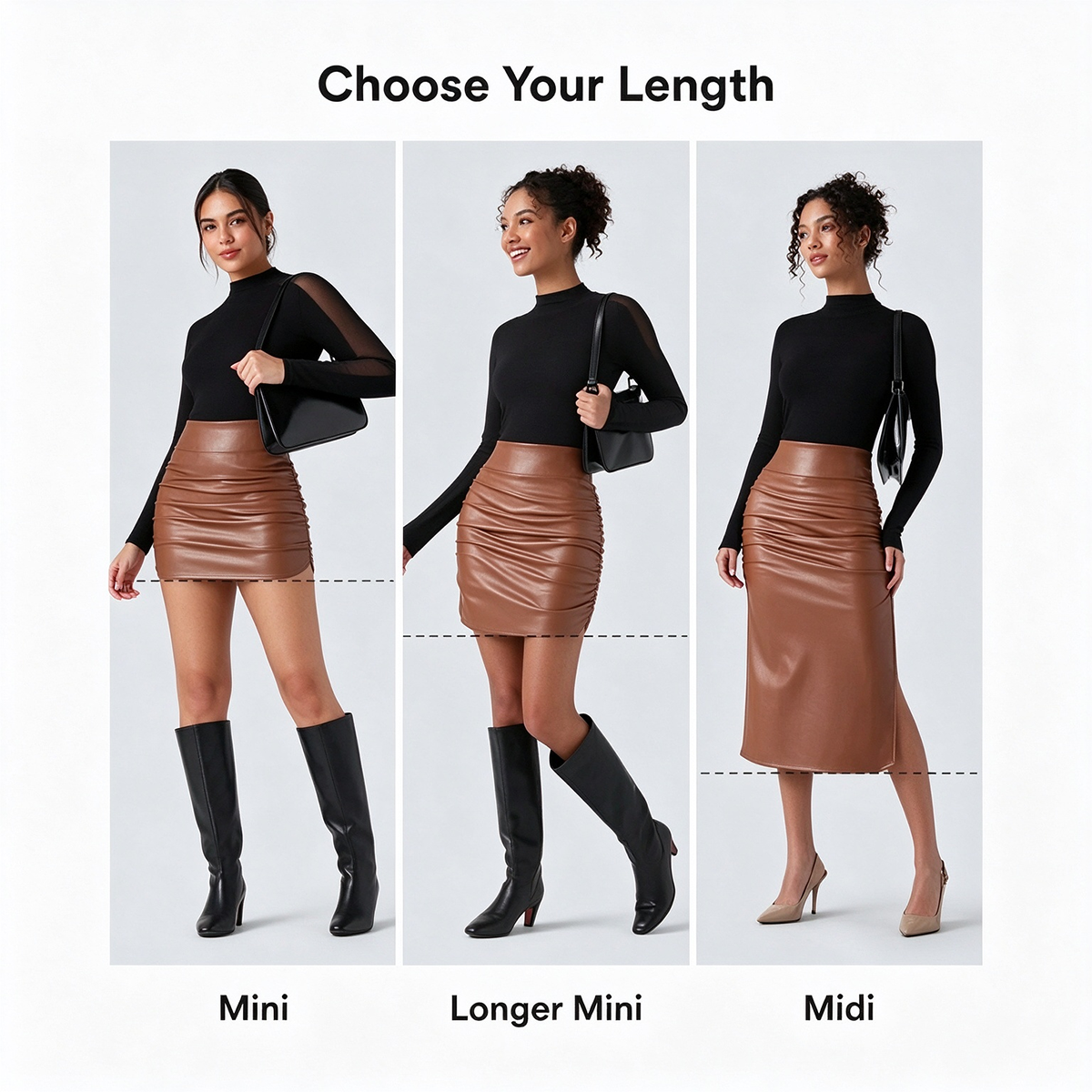High Waisted Tummy Control Ruched Curved Hem 2-in-1 Fleece PU Mini Bodycon Skirt💃