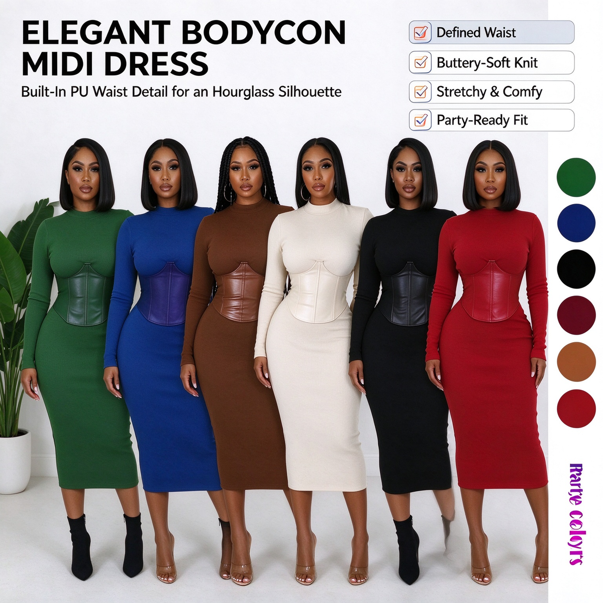Women's Long-Sleeve High-Stretch Bodycon Midi Dress with PU Waist Belt Detail 👗