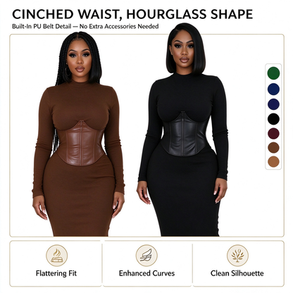 Women's Long-Sleeve High-Stretch Bodycon Midi Dress with PU Waist Belt Detail 👗