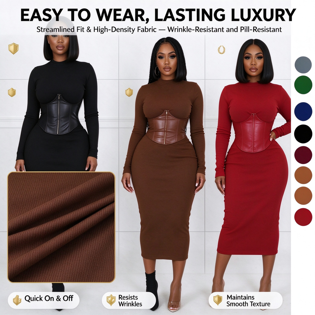 Women's Long-Sleeve High-Stretch Bodycon Midi Dress with PU Waist Belt Detail 👗