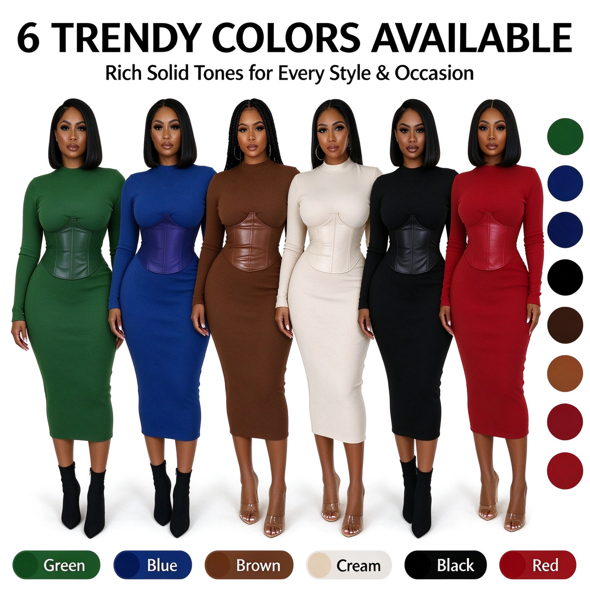 Women's Long-Sleeve High-Stretch Bodycon Midi Dress with PU Waist Belt Detail 👗