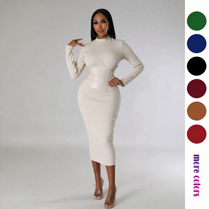 Women's Long-Sleeve High-Stretch Bodycon Midi Dress with PU Waist Belt Detail 👗