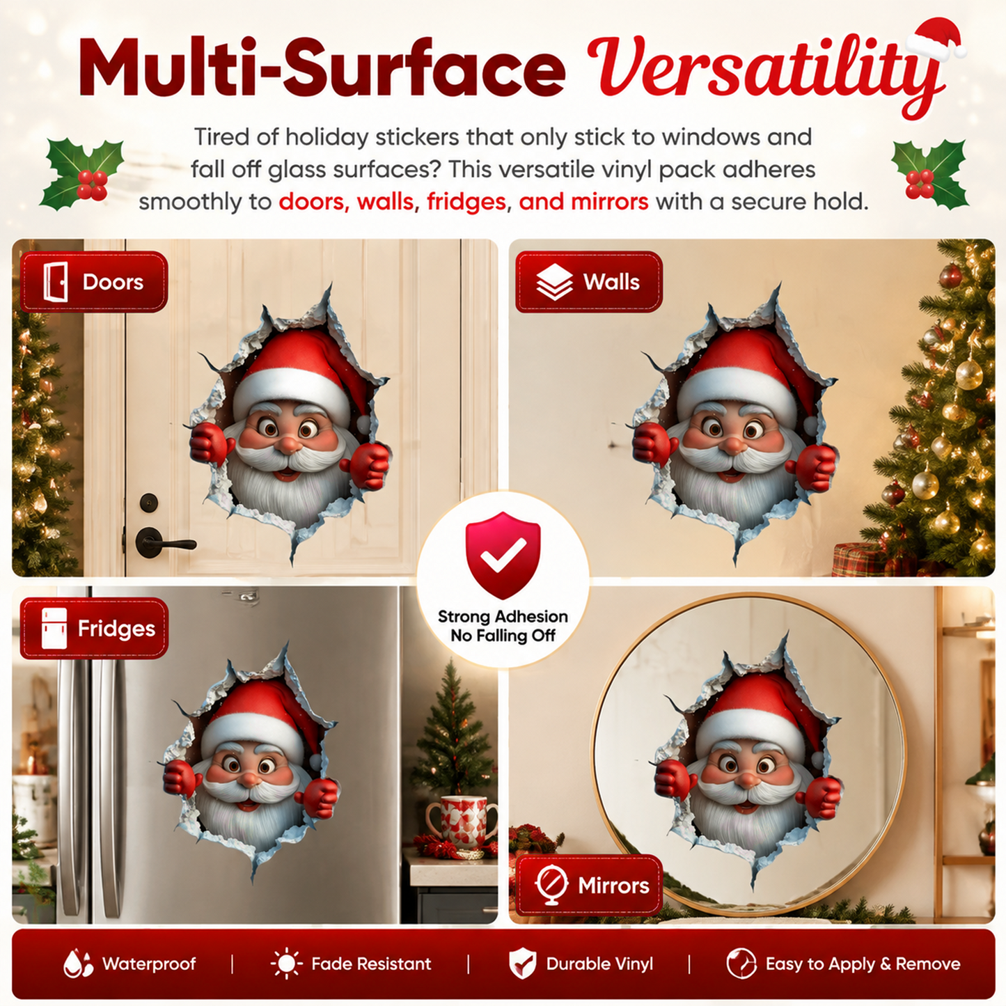3PCS Festive Decor Santa Face Vinyl Stickers- Smooth 3D Illusion Figure Shape Peel-Off Pack🎅