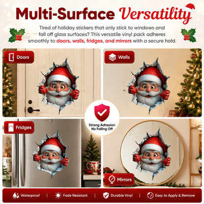 3PCS Festive Decor Santa Face Vinyl Stickers- Smooth 3D Illusion Figure Shape Peel-Off Pack🎅