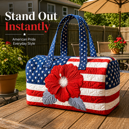 Patriotic Quilted Tote Bag I 3D Floral American Flag Travel Duffel