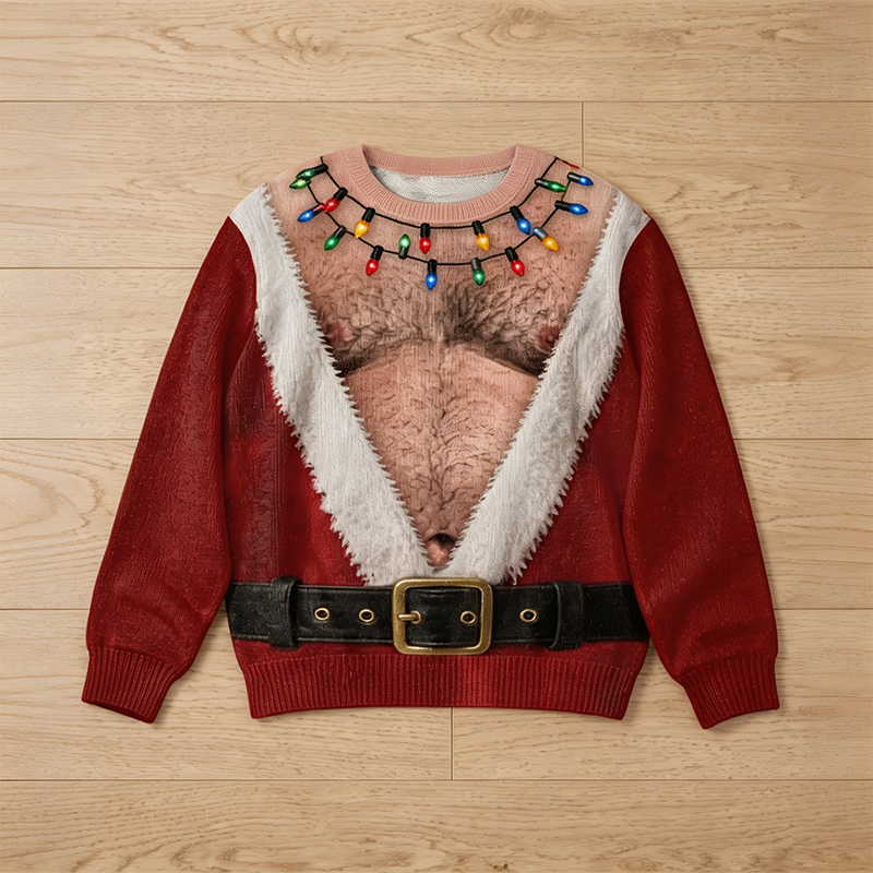 Funny Hairy Chest Santa Lights Ugly Christmas Sweater 3D Printed Holiday Gag Gift Sweatshirt🎅