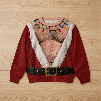 Funny Hairy Chest Santa Lights Ugly Christmas Sweater 3D Printed Holiday Gag Gift Sweatshirt🎅