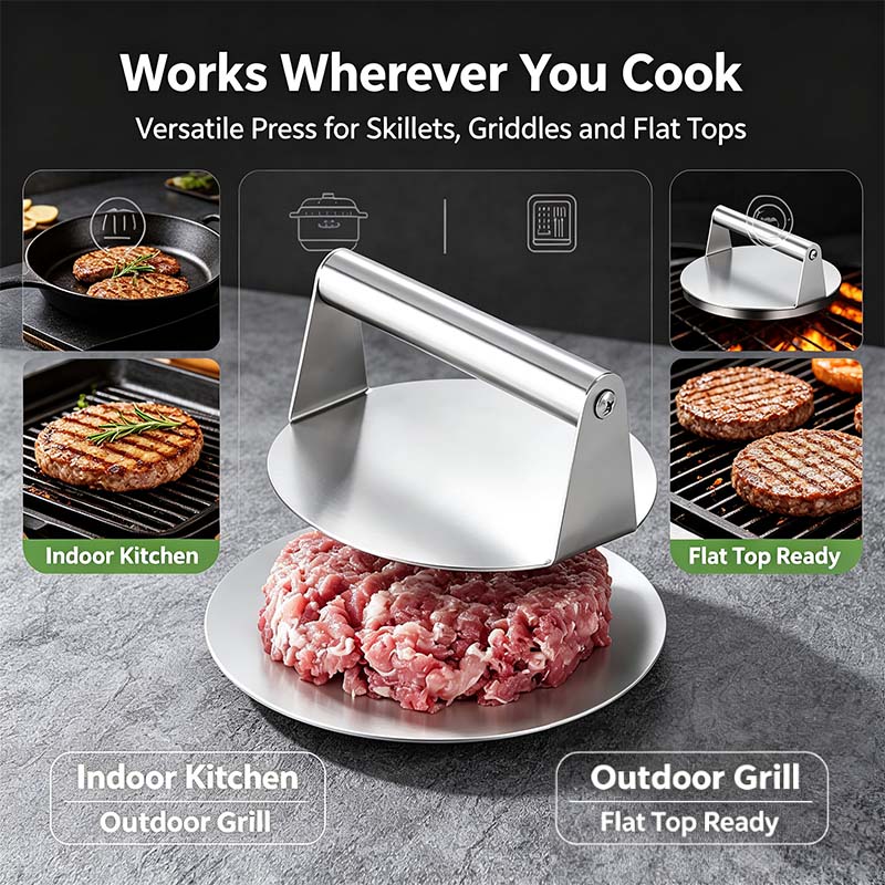 Burger press for skillet griddle and outdoor grill