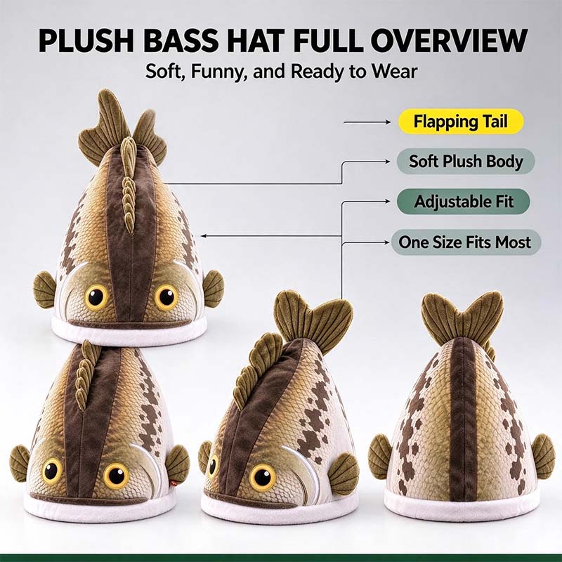 Bucketmouth Flapping Tail Plush Bass Fish Hat 🐟🎩