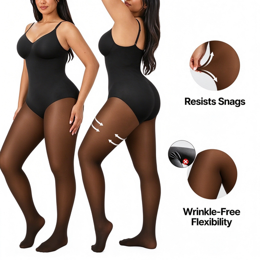 Women's Sheer-Panel Fleece-Lined Tights Bodysuit - Tummy Control 🖤