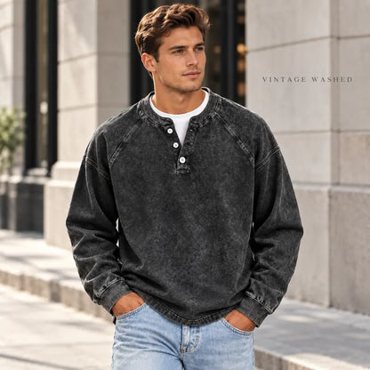 Men's Vintage Washed 3-Button Henley Long Sleeve Plain Pullover 👔