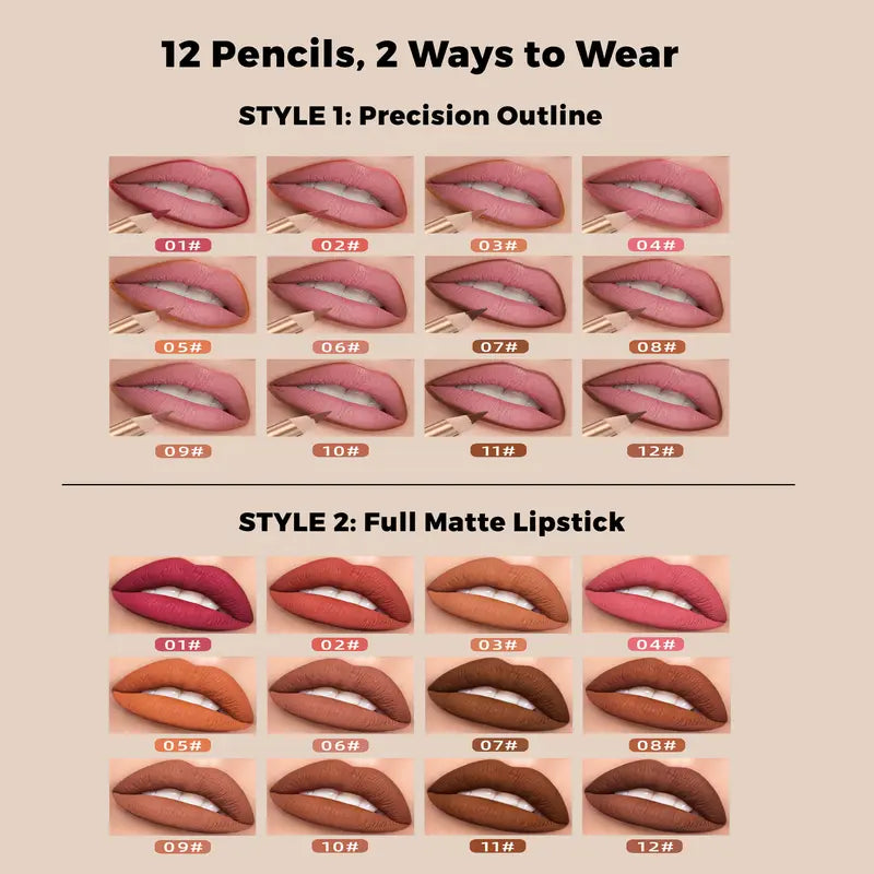 12 Pcs Matte Lip Liner Set with Sharpener, Blendable Lip Pencil💋