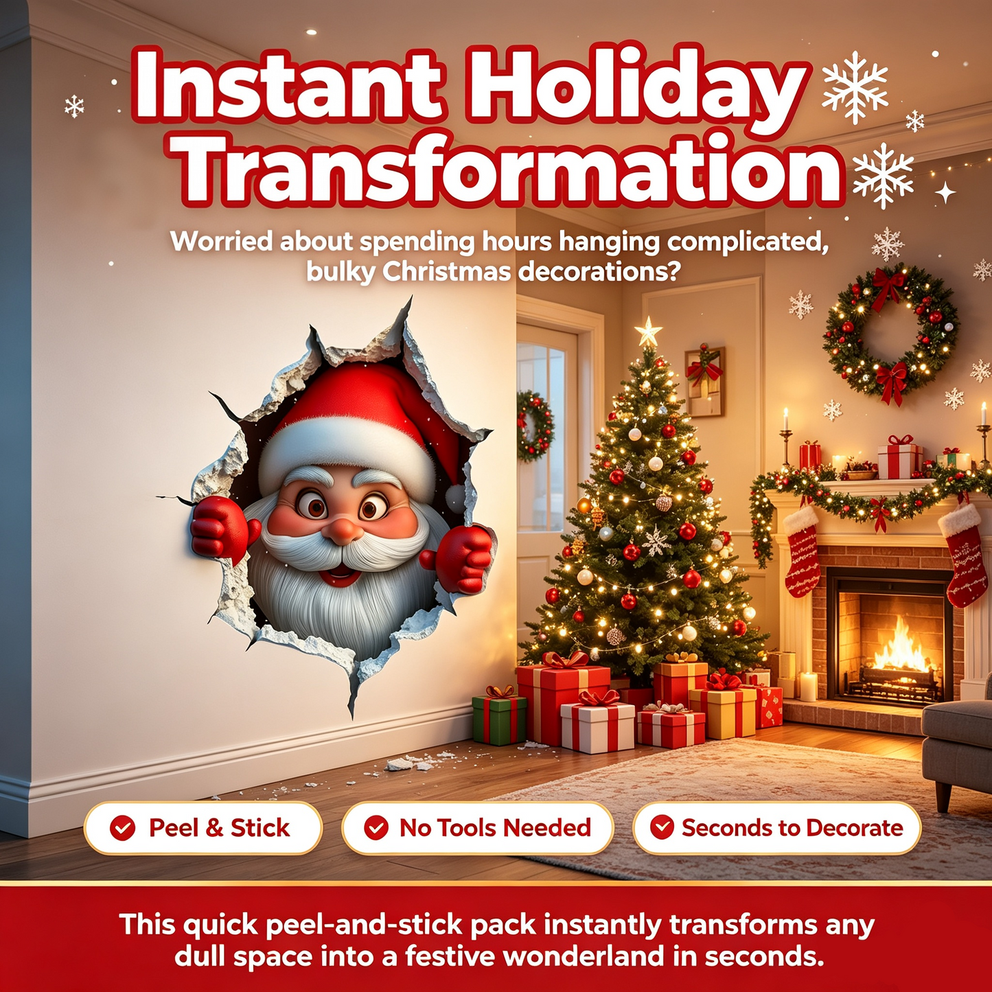 3PCS Festive Decor Santa Face Vinyl Stickers- Smooth 3D Illusion Figure Shape Peel-Off Pack🎅