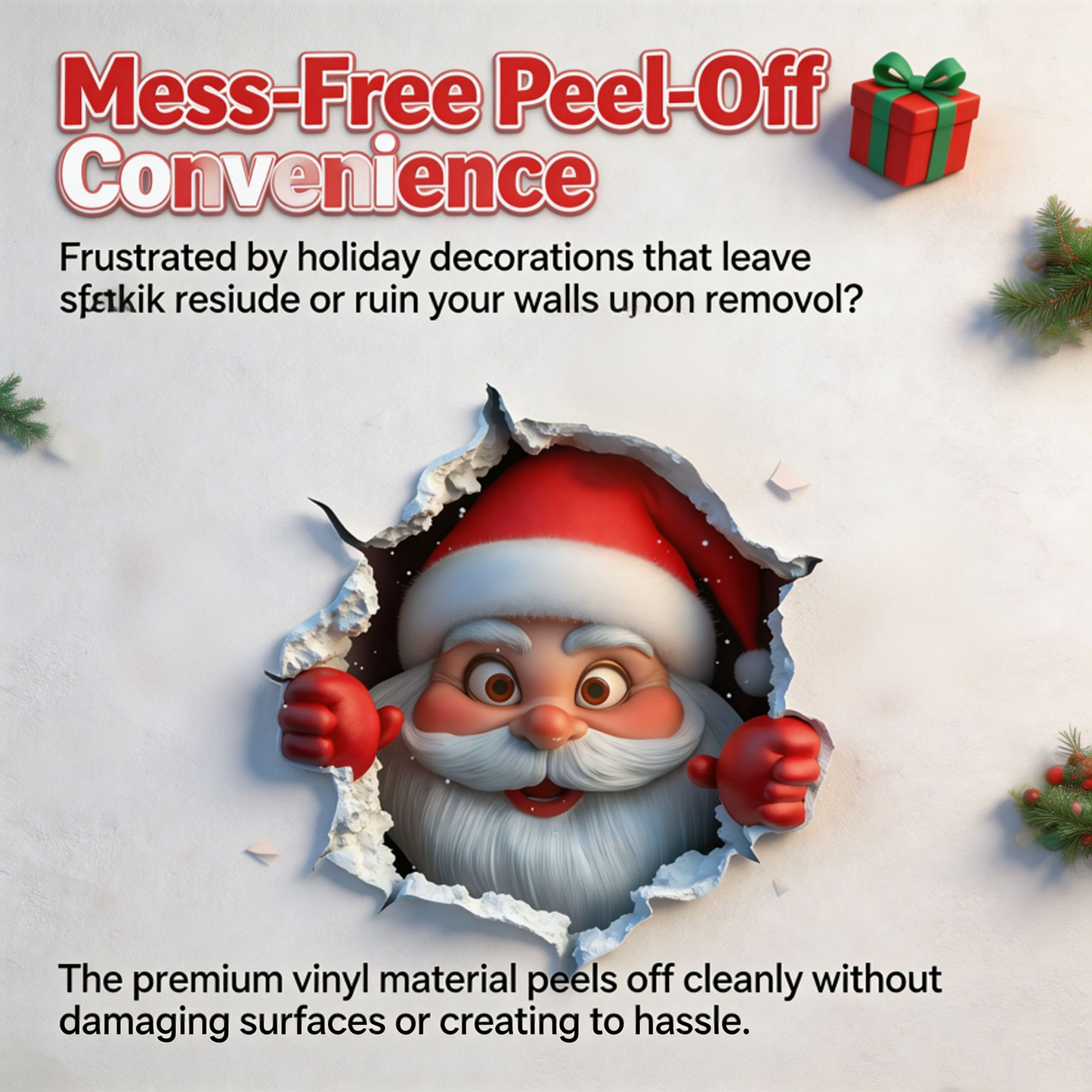 3PCS Festive Decor Santa Face Vinyl Stickers- Smooth 3D Illusion Figure Shape Peel-Off Pack🎅