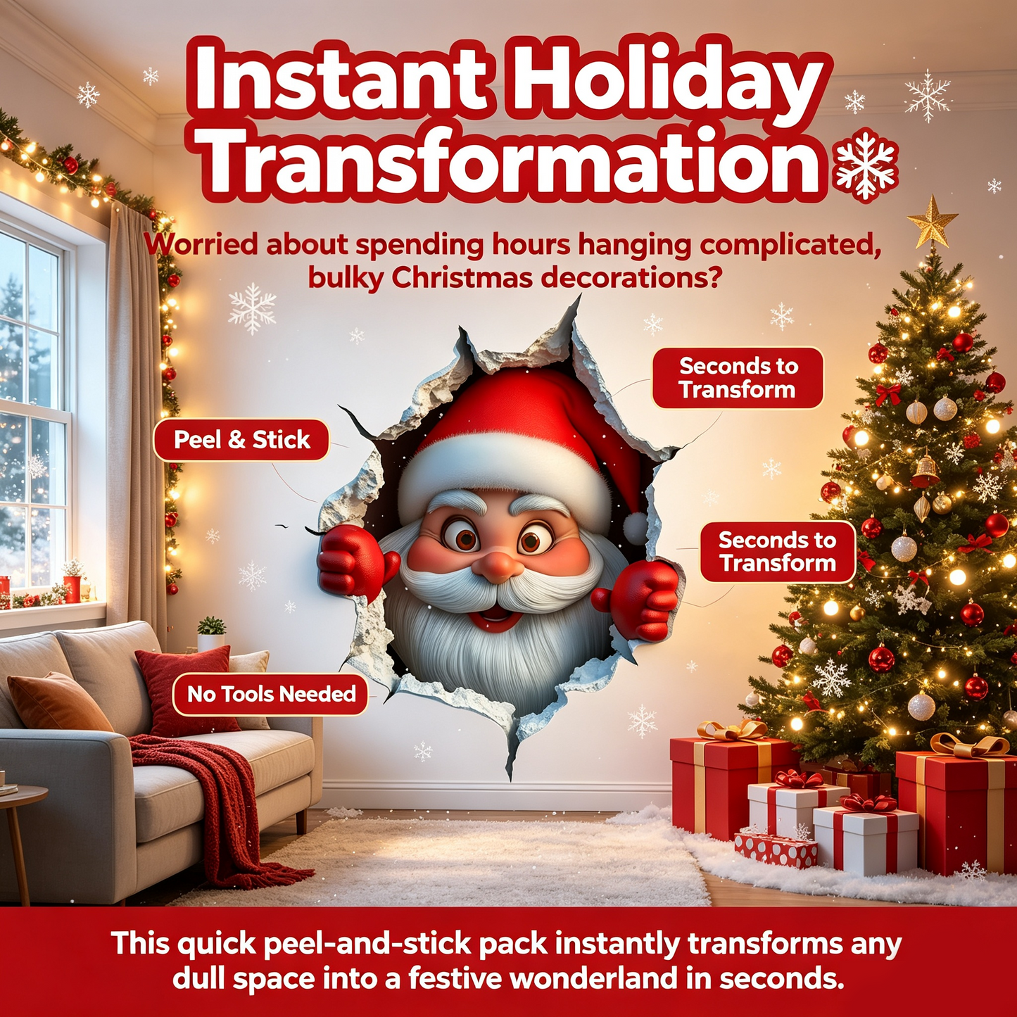 3PCS Festive Decor Santa Face Vinyl Stickers- Smooth 3D Illusion Figure Shape Peel-Off Pack🎅