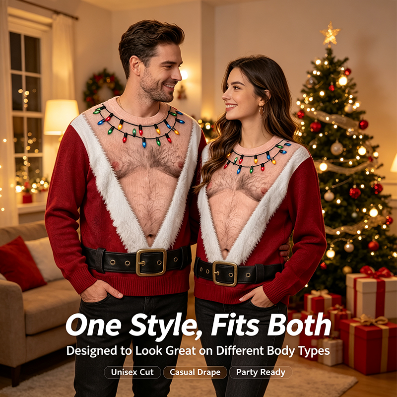 Funny Hairy Chest Santa Lights Ugly Christmas Sweater 3D Printed Holiday Gag Gift Sweatshirt🎅
