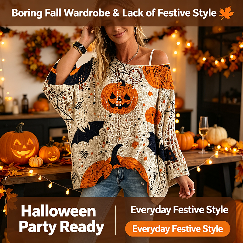 Women's Long-Sleeve Style Knitwear Piece, Halloween Pumpkin-Bat Print Casual Fall Pullover🎃