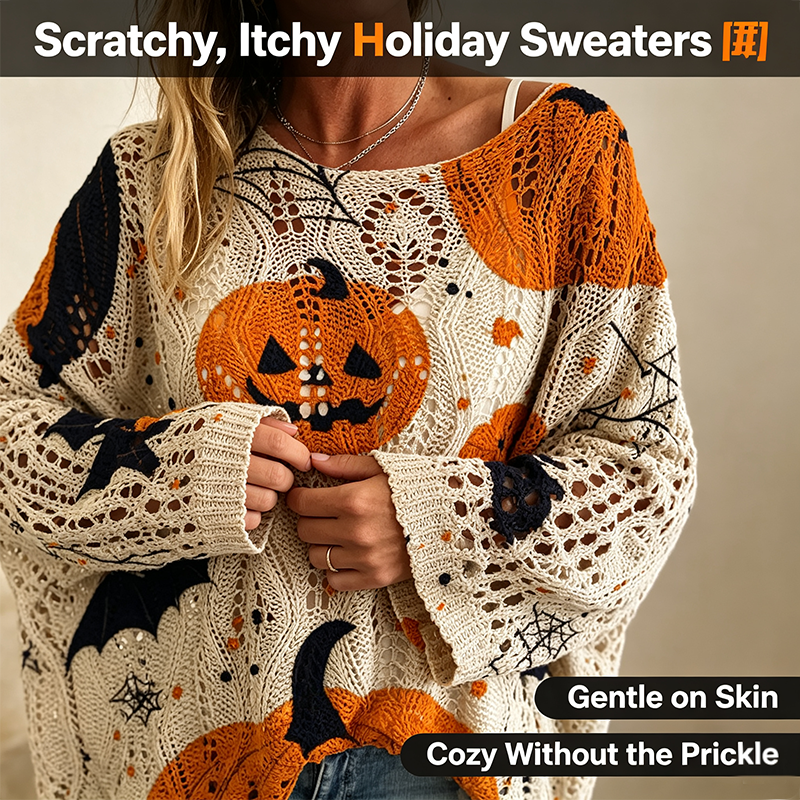 Women's Long-Sleeve Style Knitwear Piece, Halloween Pumpkin-Bat Print Casual Fall Pullover🎃