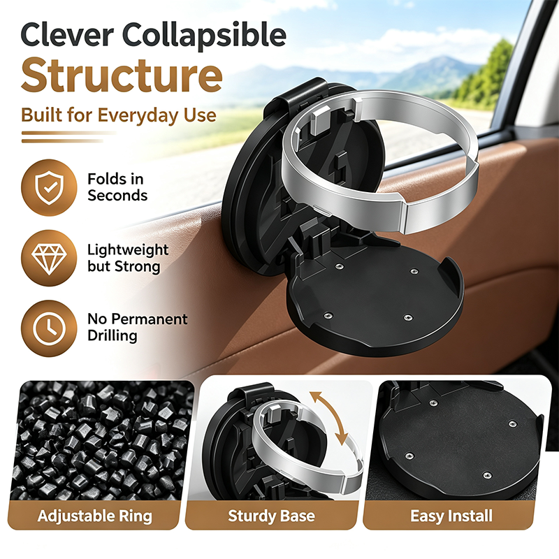Universal Foldable Car Cup Holder with Hook, Space-Saving Vehicle Drink Holder for Bottles☕