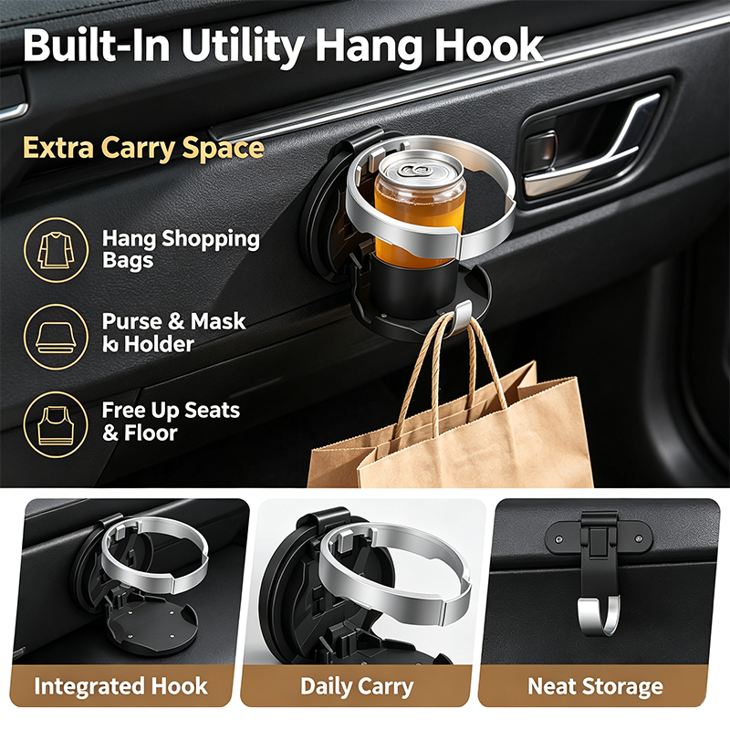Universal Foldable Car Cup Holder with Hook, Space-Saving Vehicle Drink Holder for Bottles☕