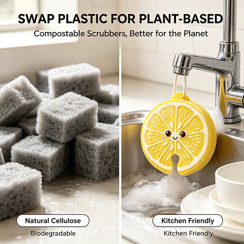 Compressed Cellulose Sponges - 3-Pack Fruit-Shaped Natural Pop-Up Kitchen Sponges🌍