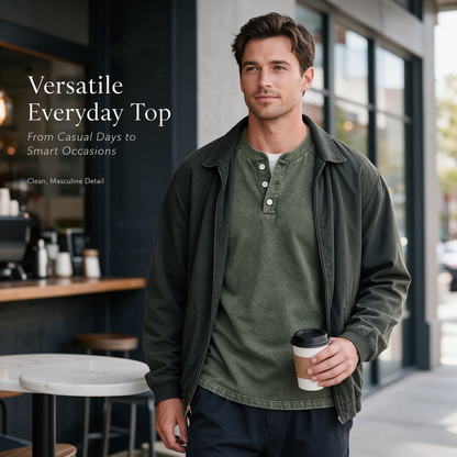 Men's Vintage Washed 3-Button Henley Long Sleeve Plain Pullover 👔
