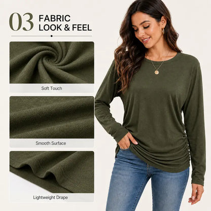 Womens Long Sleeve Shirts Ruched Hem Fall Tops Lightweight Sweaters🧶