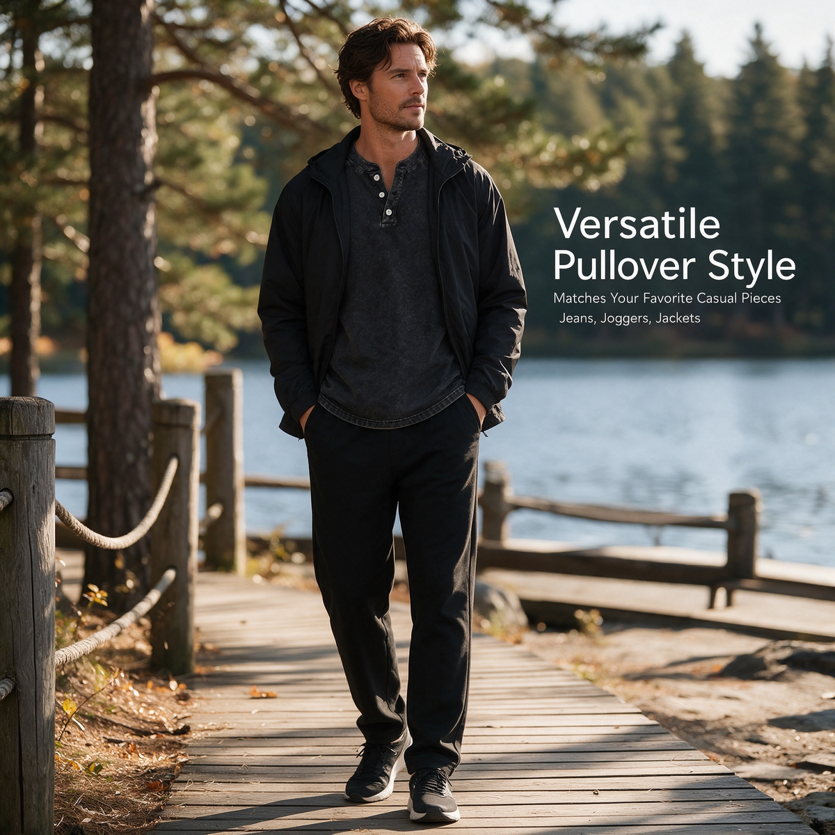 Men's Vintage Washed 3-Button Henley Long Sleeve Plain Pullover 👔