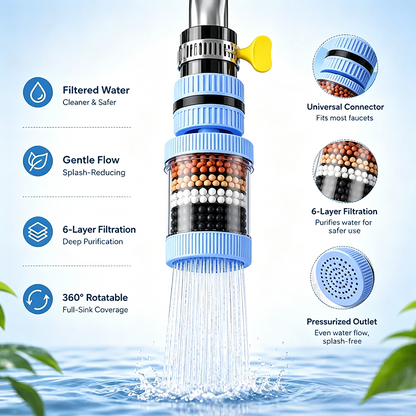 1 Count, 6 Layer Filtration Faucet Water Filter 360 Degrees Rotatable Splash Free💧