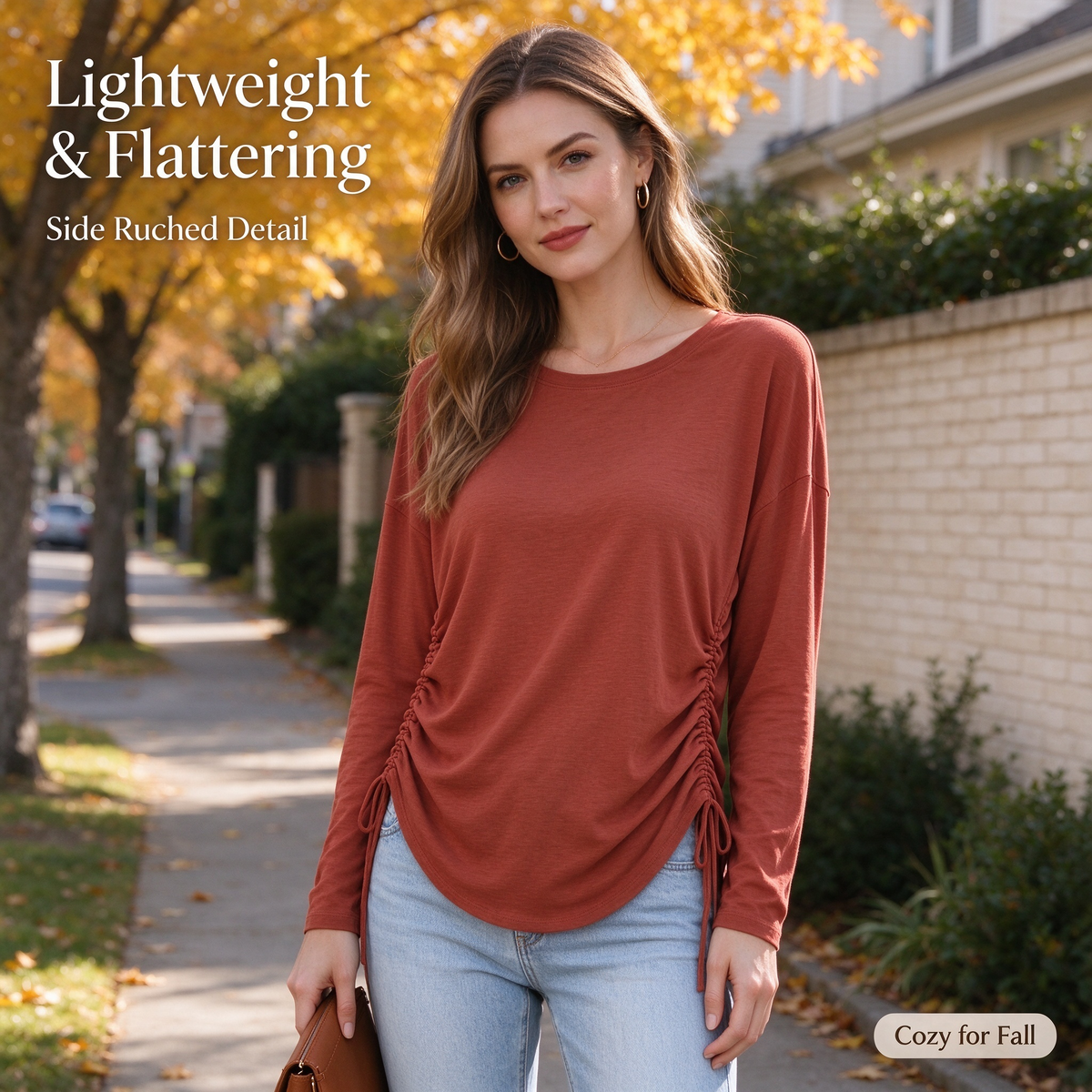 Womens Long Sleeve Shirts Ruched Hem Fall Tops Lightweight Sweaters🧶