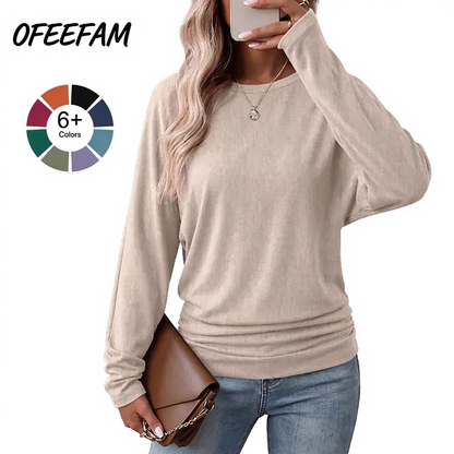 Womens Long Sleeve Shirts Ruched Hem Fall Tops Lightweight Sweaters🧶